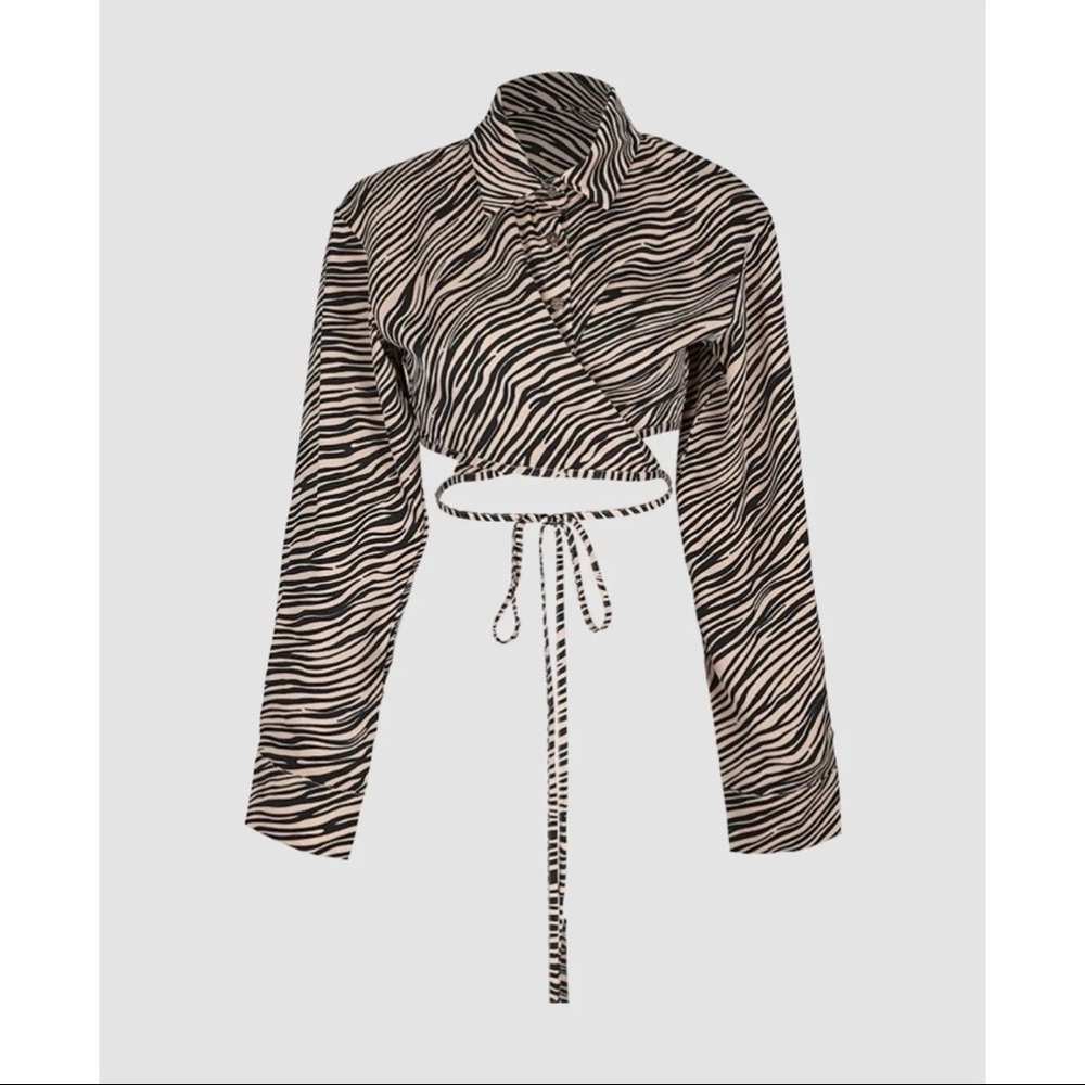 Zebra Stripe Wrap Knot Front Crop Blouse